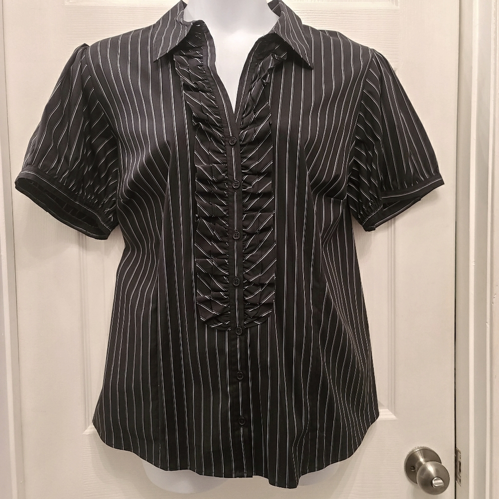 Lane Bryant Striped Ruffle-front Button-up Top